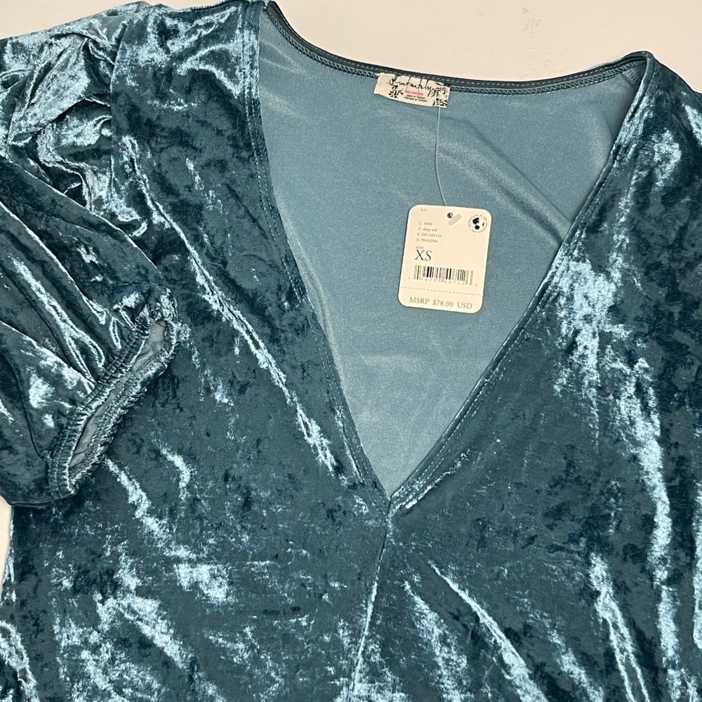 Free People Intimately Women XS Don't You Wish Teal Velvet Bodysuit Puff Sleeve